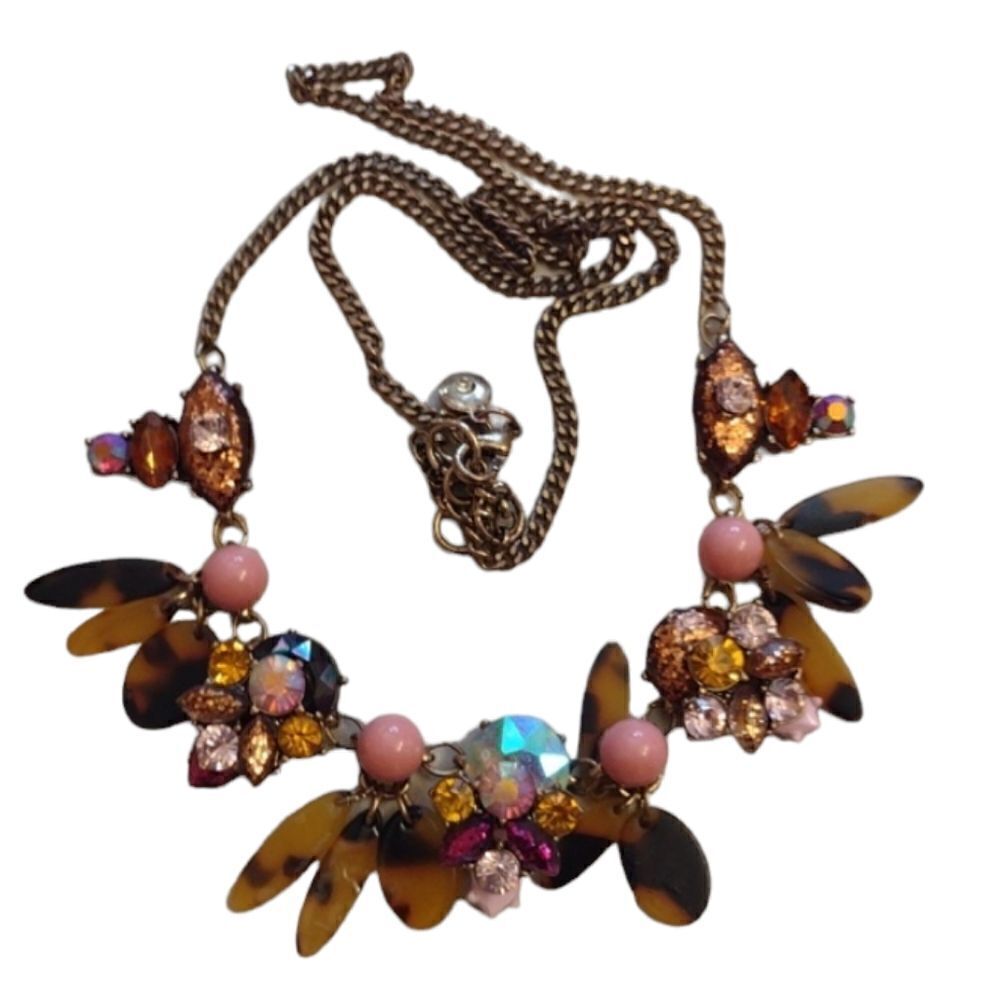 J. Crew gold tone rhinestone tortoise shell glitter eyes necklace